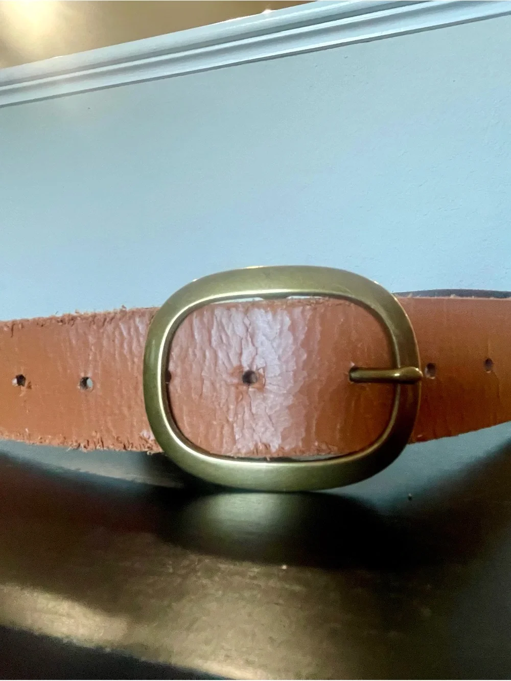 Women’s Classic Tan Leather Belt with Brass Oval Buckle Medium